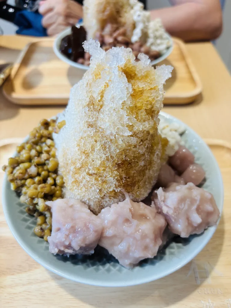 Taiwanese shaved ice with taro balls and mung beans